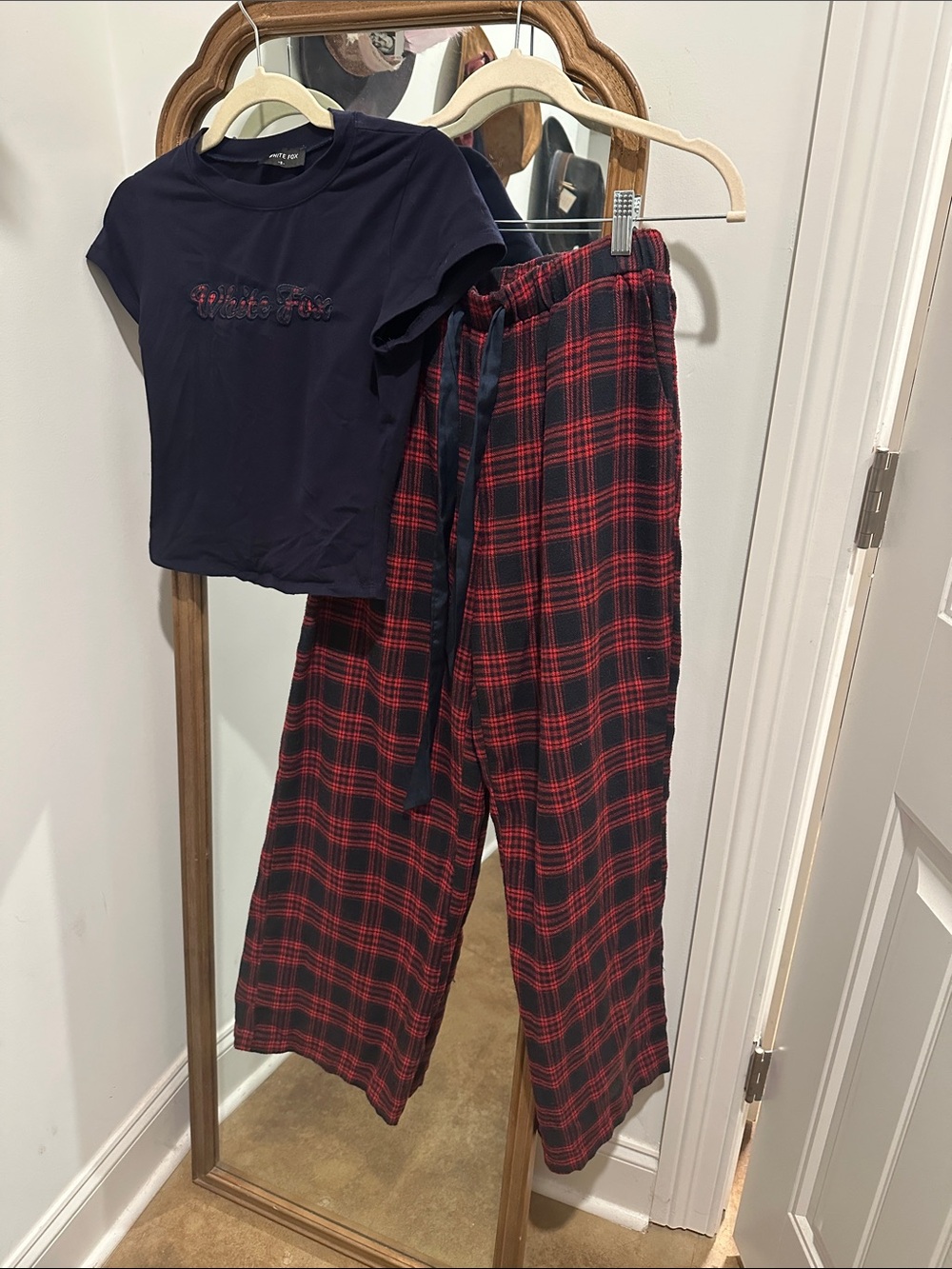 Women’s white fox Navy Tee and Red Plaid Pajama Pants Set